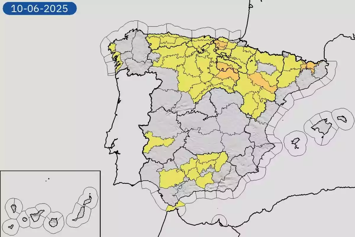 Mapa de España con varias provincias resaltadas en amarillo y algunas en naranja correspondiente al 10 de junio de 2025 Mapa de España con varias provincias resaltadas en amarillo y algunas en naranja correspondiente al 10 de junio de 2025