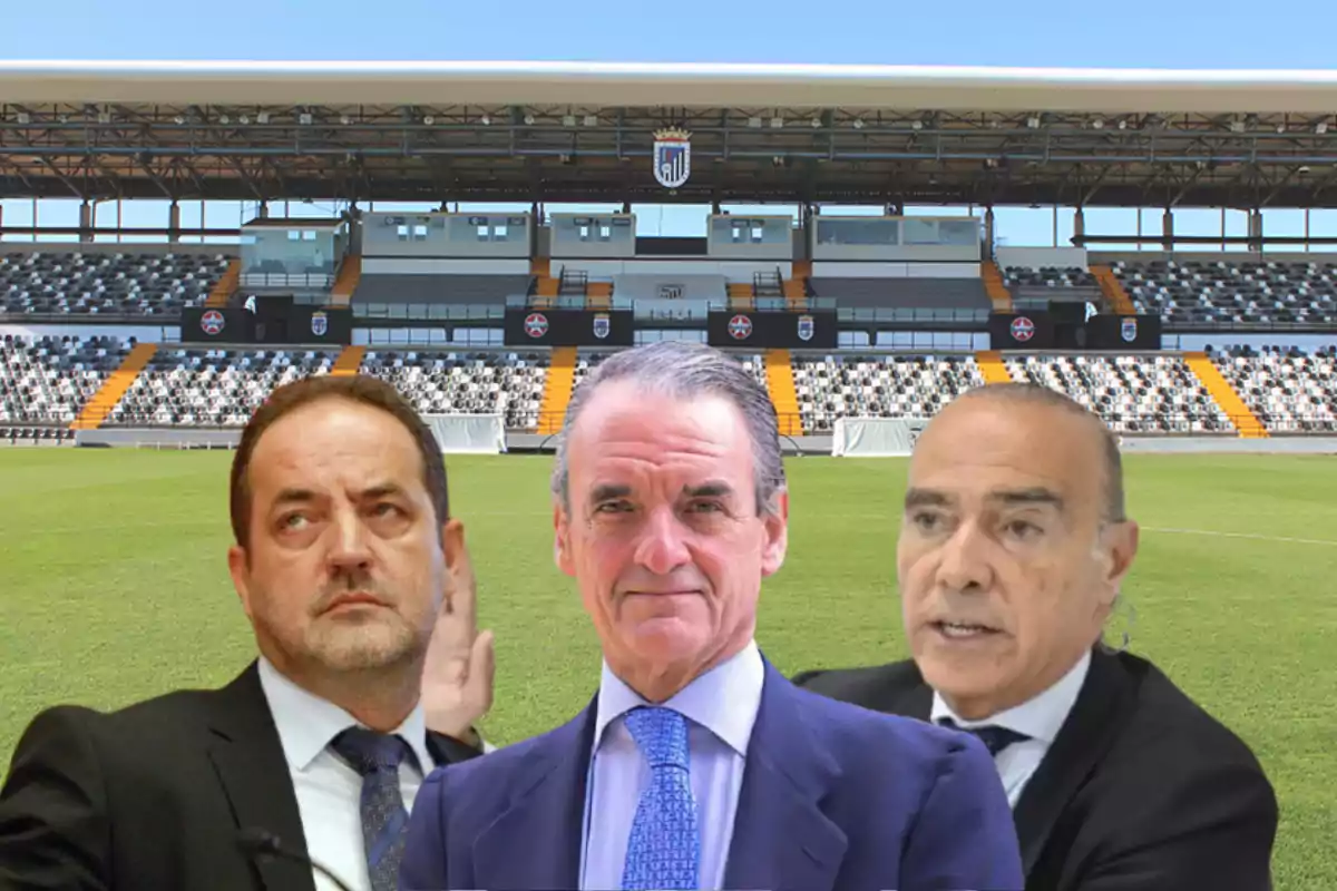 Tres hombres en traje posan frente a un estadio de fútbol vacío.