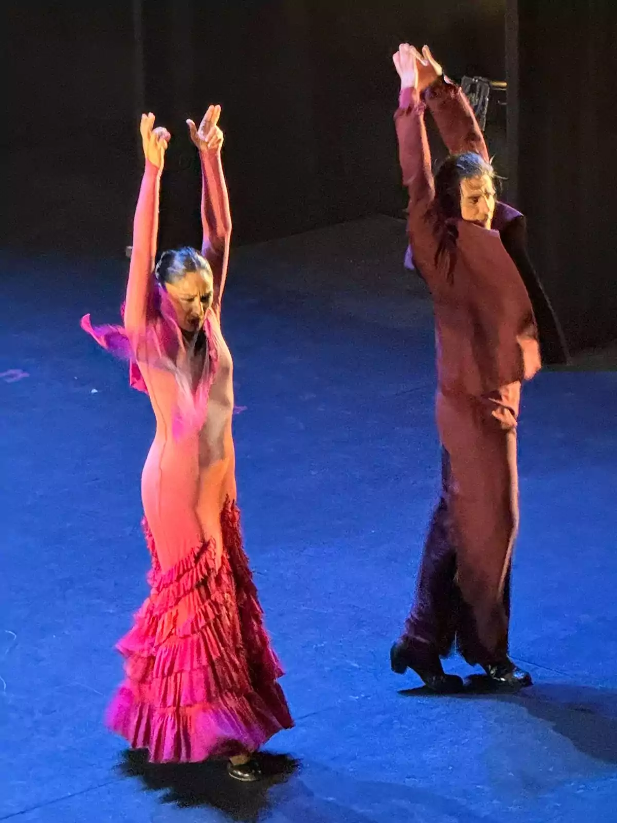 Dos bailarines de flamenco en el escenario con trajes tradicionales, uno en un vestido rojo y el otro en un traje marrón, levantando los brazos mientras realizan una actuación.