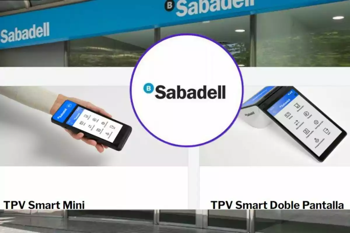 Dispositivo de pago móvil de Sabadell con opciones de TPV Smart Mini y TPV Smart Doble Pantalla.