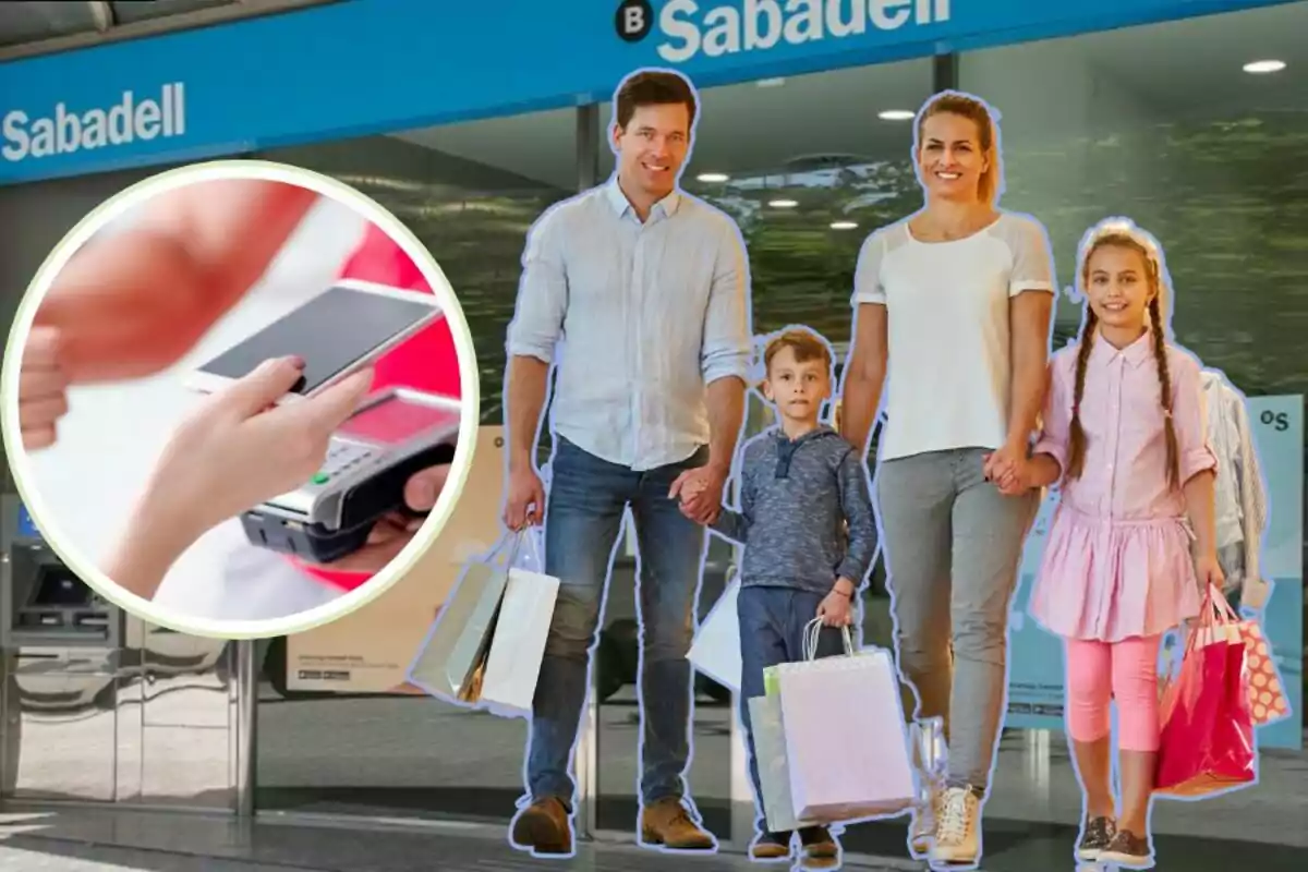 Una familia sonriente con bolsas de compras está frente a una sucursal del banco Sabadell mientras una imagen circular muestra un pago con un teléfono móvil.