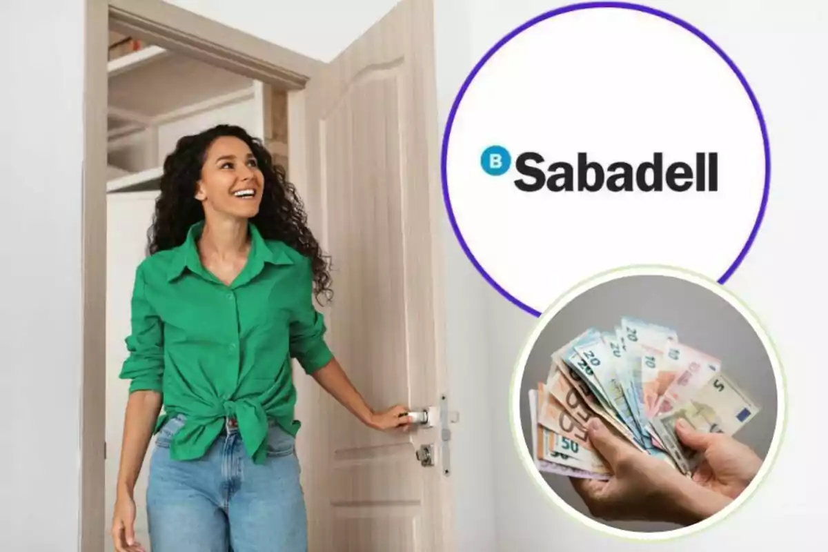 Una mujer sonriente entra por una puerta, junto a ella se muestra el logo de Sabadell y una imagen de manos sosteniendo billetes de diferentes denominaciones.