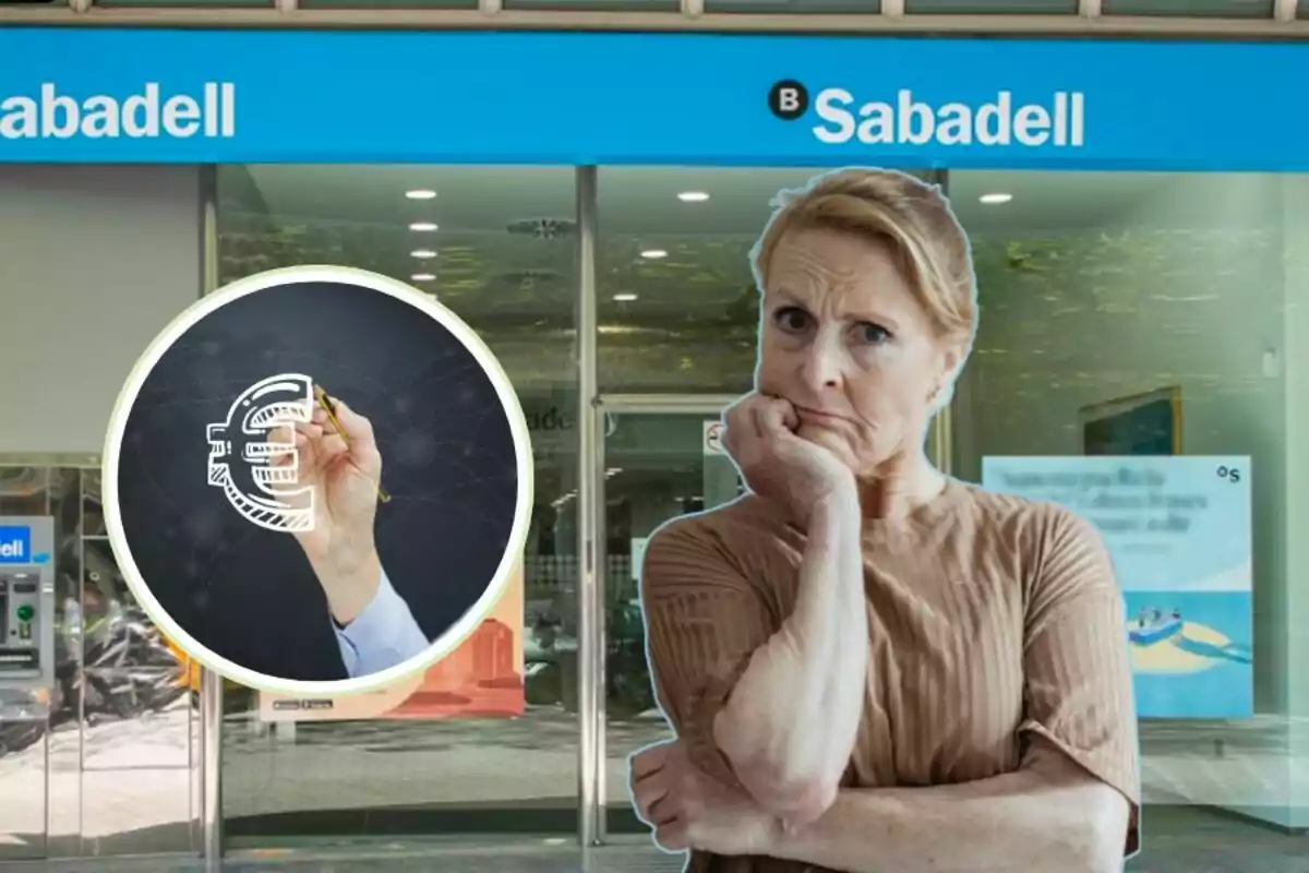 Una mujer pensativa frente a una sucursal del banco Sabadell con un gráfico de euro en el fondo.