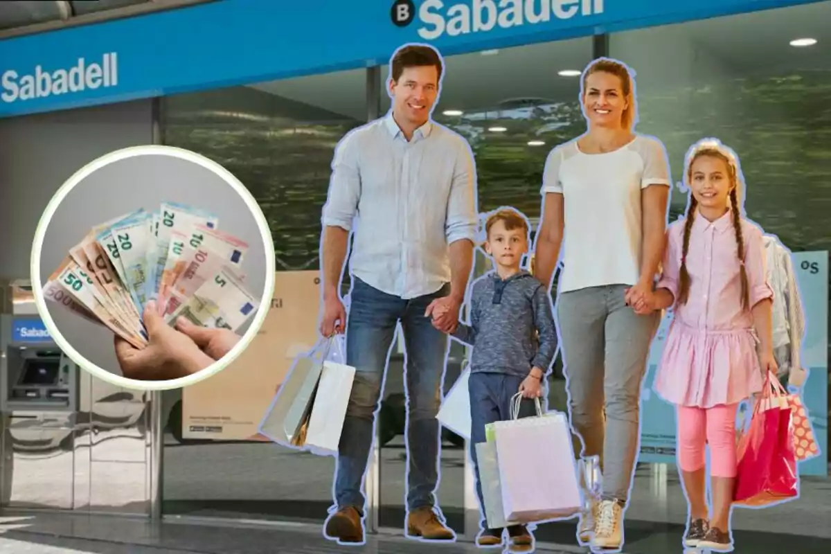 Una familia con bolsas de compras frente a una sucursal de Sabadell y una mano sosteniendo billetes de euro.