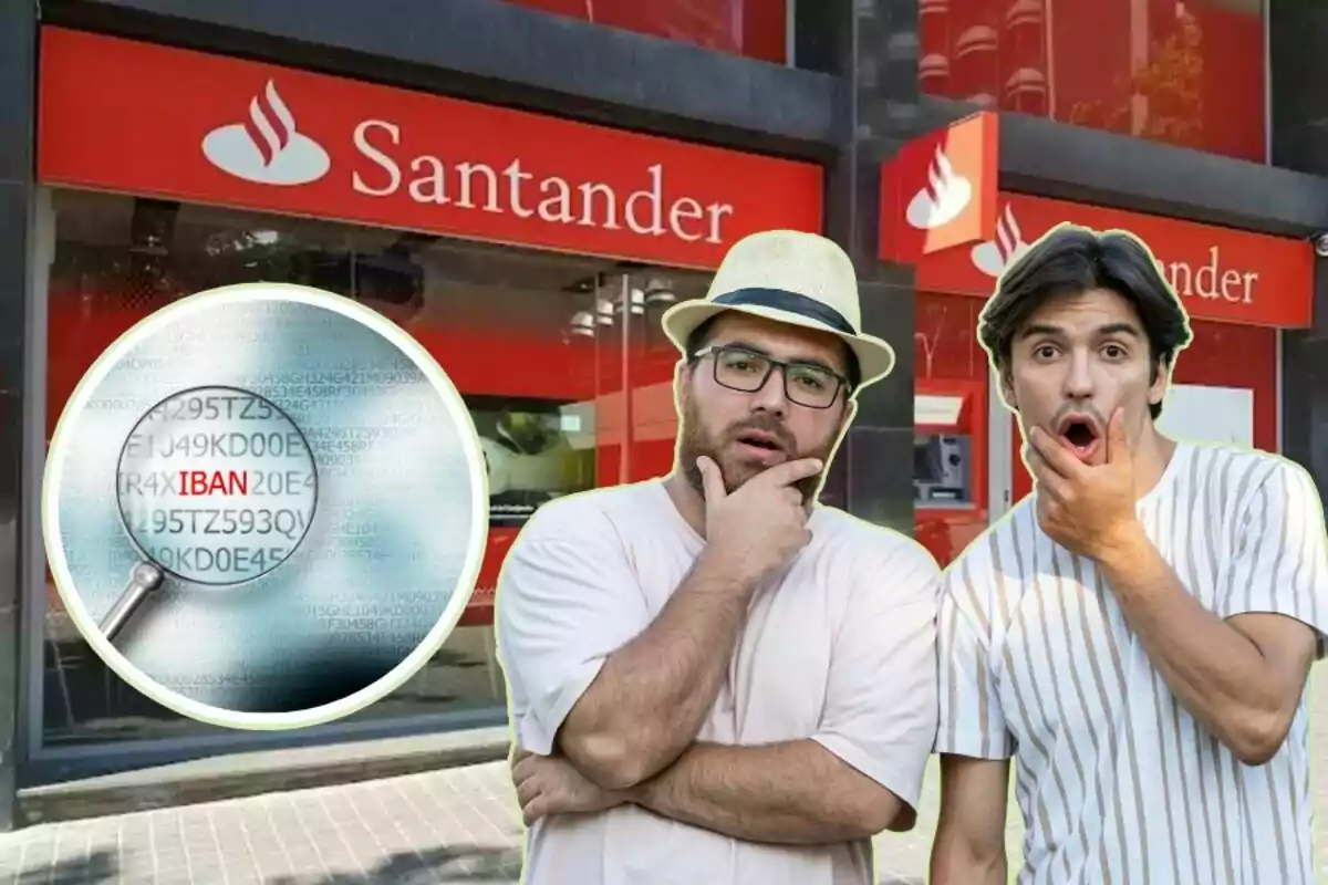 Dos hombres con expresiones de sorpresa y confusión están frente a una sucursal del banco Santander, mientras una lupa resalta la palabra "IBAN" en un fondo de números.