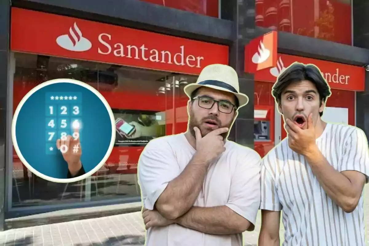 Dos personas con expresiones de sorpresa frente a una sucursal de Santander con un gráfico de teclado numérico.