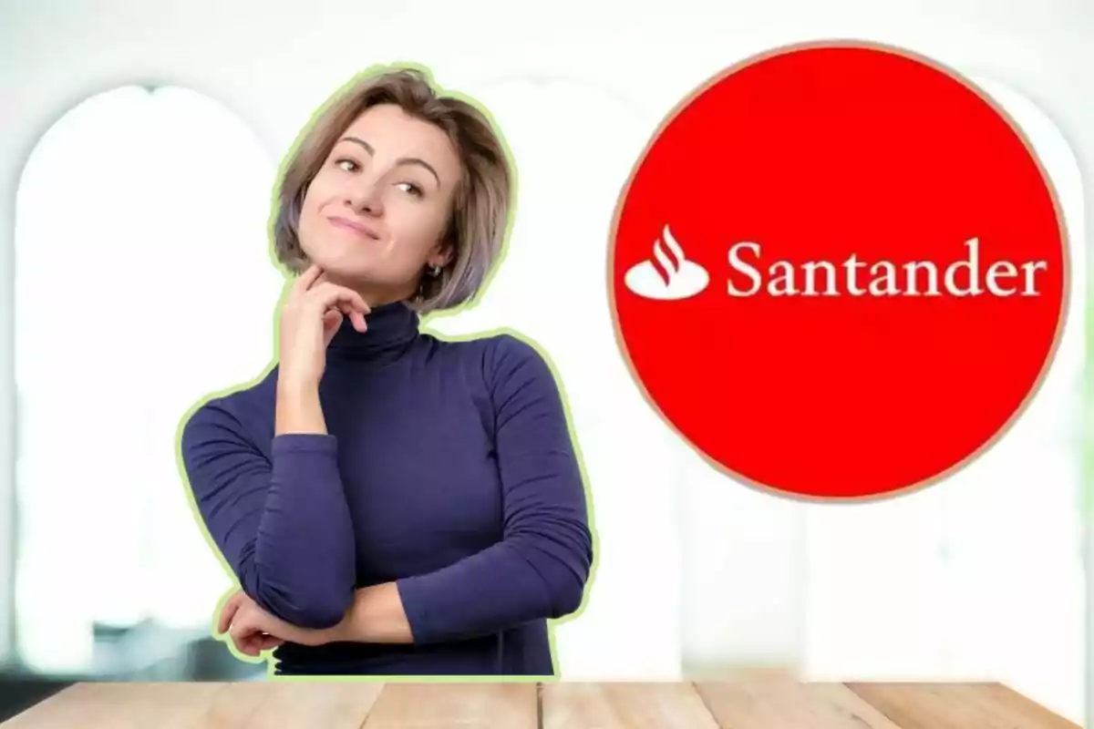 Una mujer con suéter azul oscuro y expresión pensativa está de pie junto a un logotipo rojo de Santander en un entorno interior iluminado.