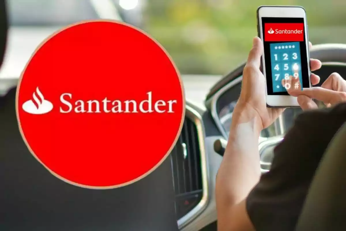 Persona usando una aplicación bancaria en un teléfono móvil dentro de un automóvil con el logotipo de Santander en primer plano.