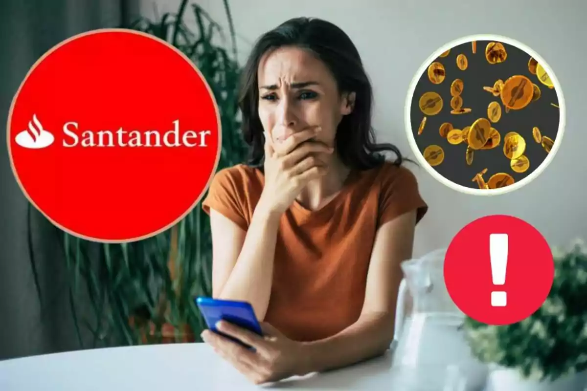 Una mujer con expresión preocupada sostiene un teléfono móvil, rodeada de los logotipos de Santander, monedas y un signo de exclamación.