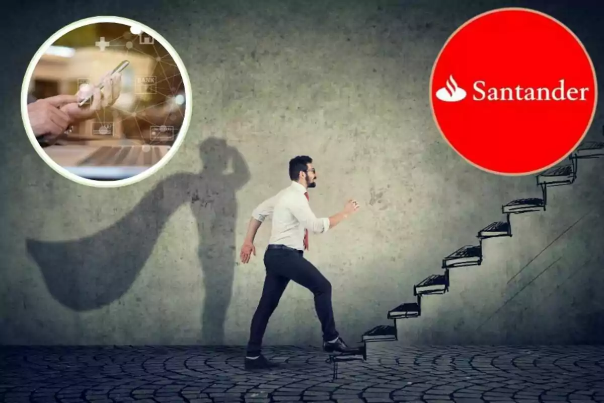 Hombre de negocios subiendo una escalera dibujada en la pared con el logo de Santander y un círculo que muestra una mano usando un teléfono móvil.