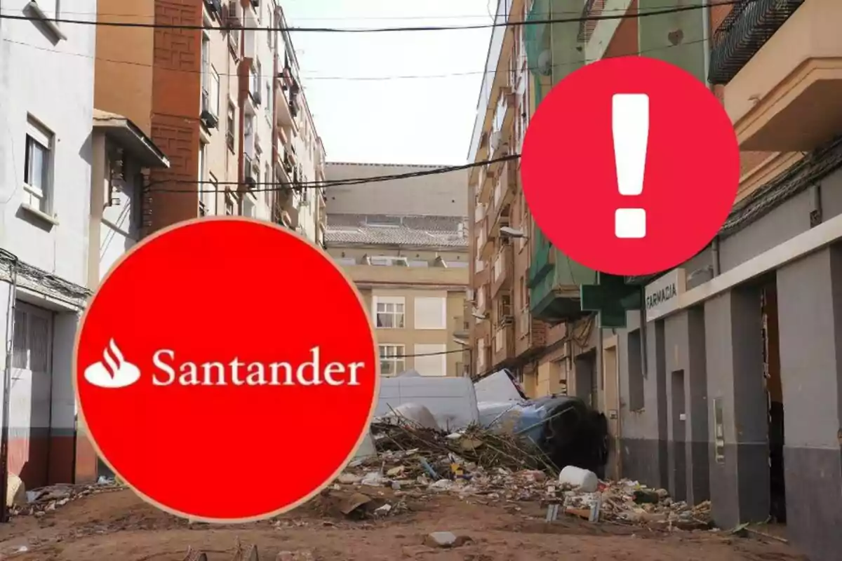 Una calle estrecha con escombros y un coche volcado, con logotipos superpuestos de Santander y un signo de exclamación en círculos rojos.