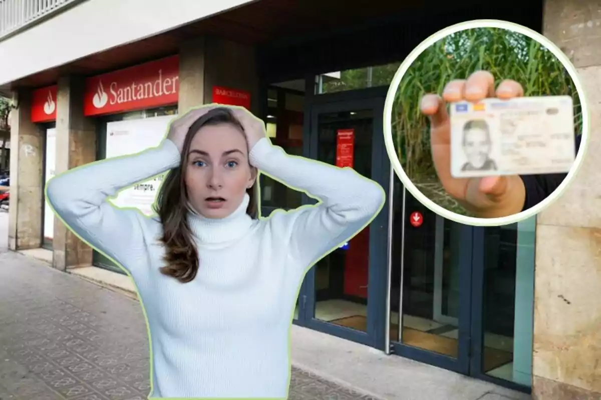 Una mujer con expresión de sorpresa y preocupación se encuentra frente a una sucursal del banco Santander, mientras una mano sostiene una identificación en un recuadro.