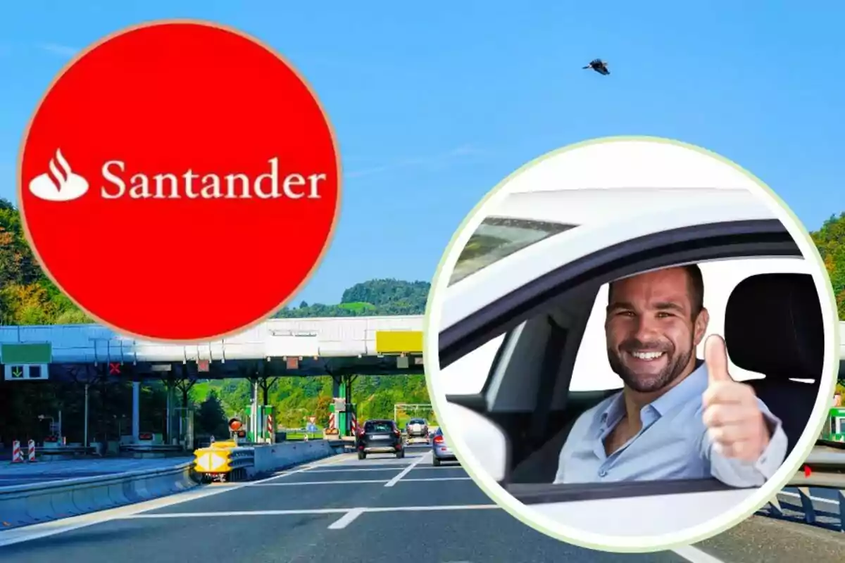 Un hombre sonriente en un automóvil muestra un pulgar hacia arriba, con un logotipo de Santander superpuesto y una imagen de una caseta de peaje en el fondo.