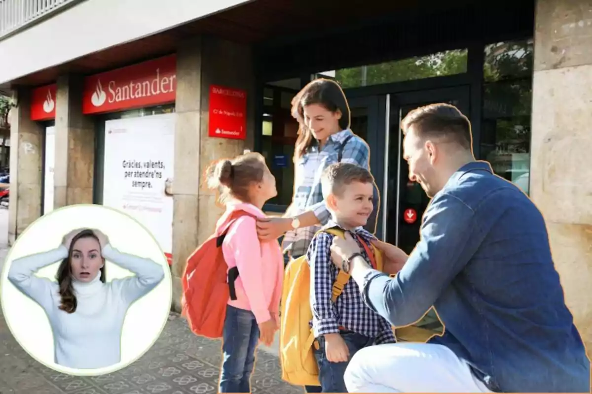 Una familia ayuda a sus hijos a prepararse para la escuela frente a una sucursal del banco Santander, mientras una mujer en un círculo parece sorprendida.