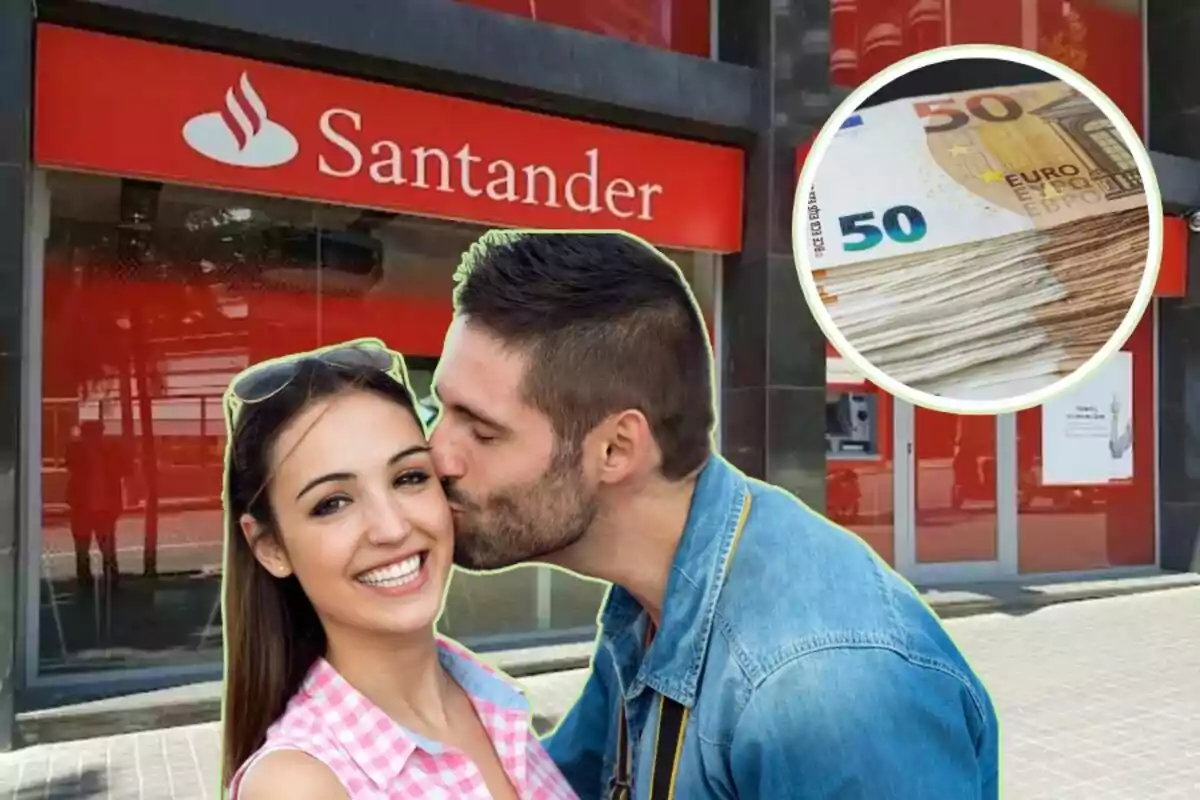 Una pareja sonriente se encuentra frente a una sucursal del banco Santander, con un hombre besando a una mujer en la mejilla y un círculo que muestra billetes de 50 euros.