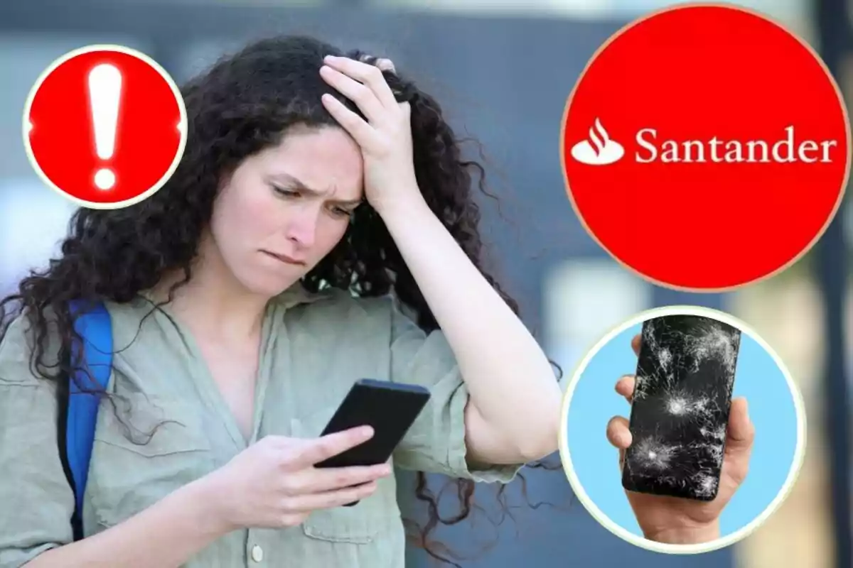 Mujer preocupada mirando su teléfono con logotipo de Santander, un ícono de advertencia y una imagen de un teléfono roto.