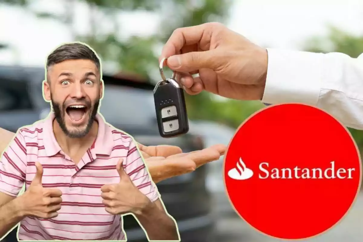 Un hombre con una camiseta de rayas rosadas y blancas muestra entusiasmo con los pulgares hacia arriba mientras una mano le entrega las llaves de un coche, con el logotipo de Santander en la esquina inferior derecha.