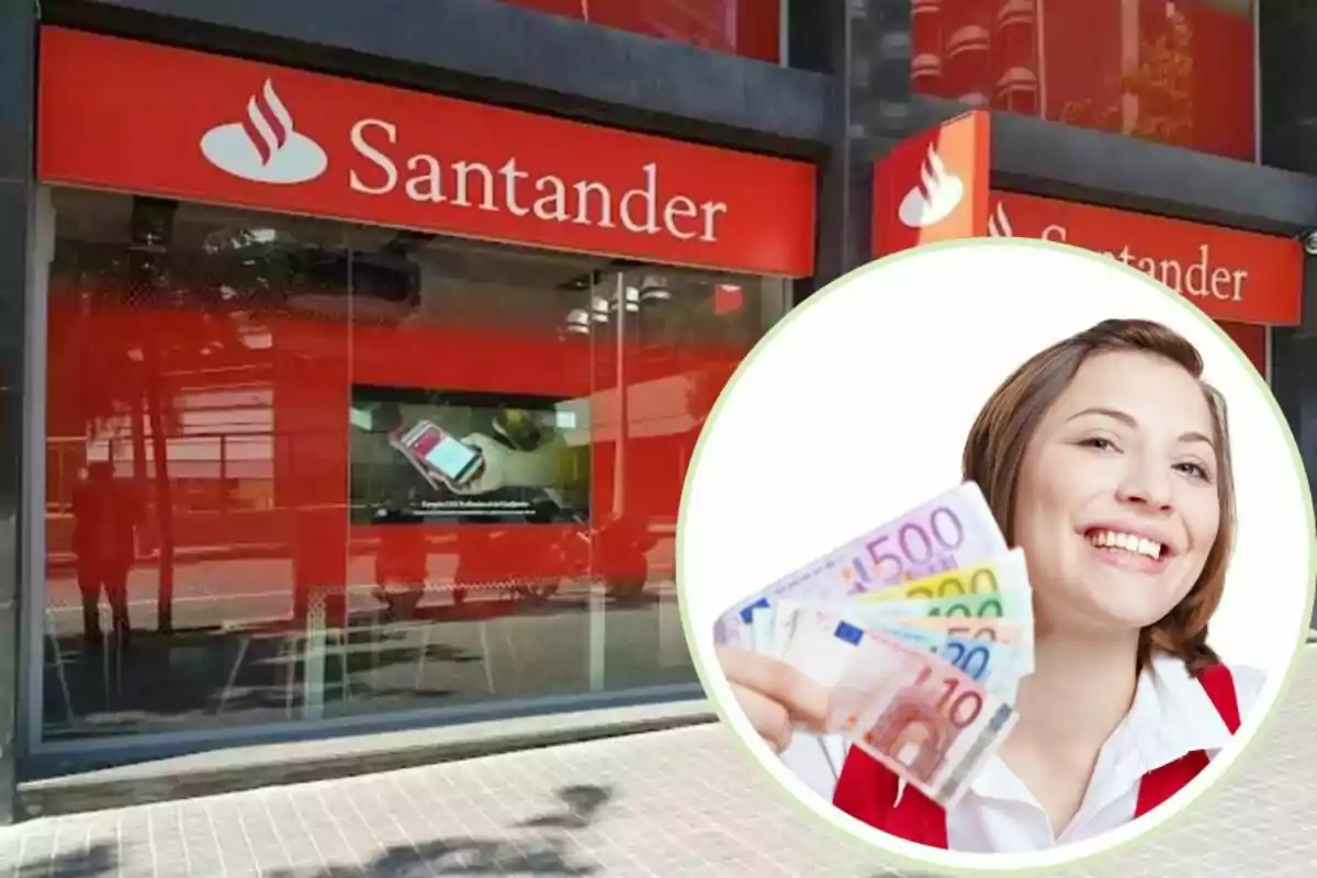 Fachada de una sucursal del banco Santander con una mujer sonriendo y sosteniendo billetes de euro.