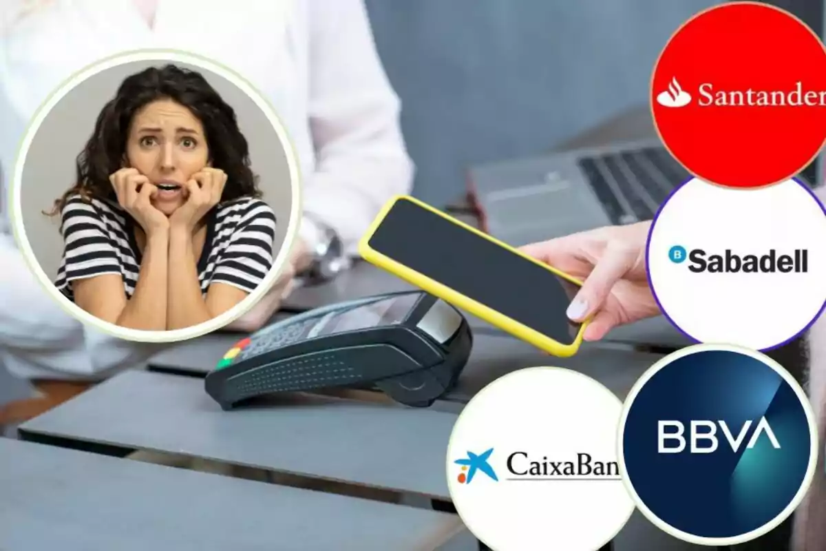 Una mujer con expresión de preocupación en un círculo, junto a una mano sosteniendo un teléfono móvil sobre un terminal de pago, rodeada de logotipos de bancos como Santander, Sabadell, CaixaBank y BBVA.