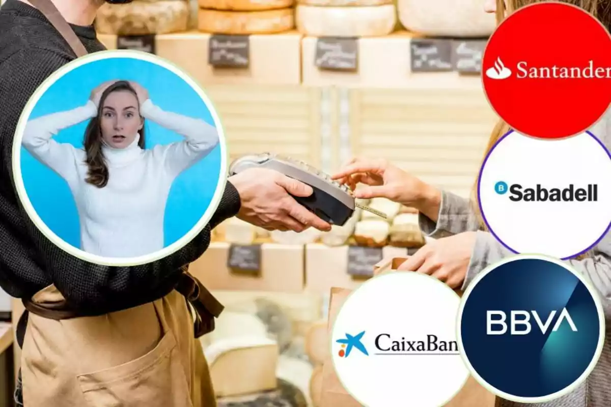 Una persona en una tienda está realizando un pago con tarjeta, mientras otra persona sostiene el terminal de pago; en la imagen también se ven los logotipos de los bancos Santander, Sabadell, CaixaBank y BBVA, y una mujer con expresión de sorpresa o preocupación.