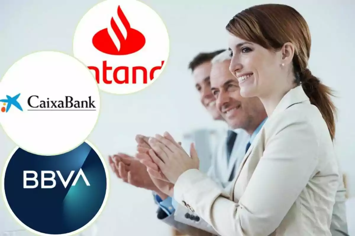 Personas aplaudiendo con logotipos de bancos superpuestos.