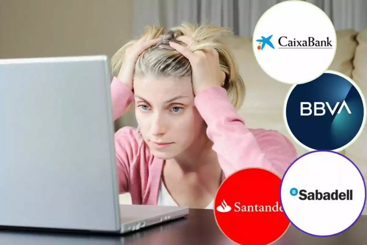 Mujer estresada frente a una computadora portátil con logotipos de bancos como CaixaBank, BBVA, Santander y Sabadell alrededor.