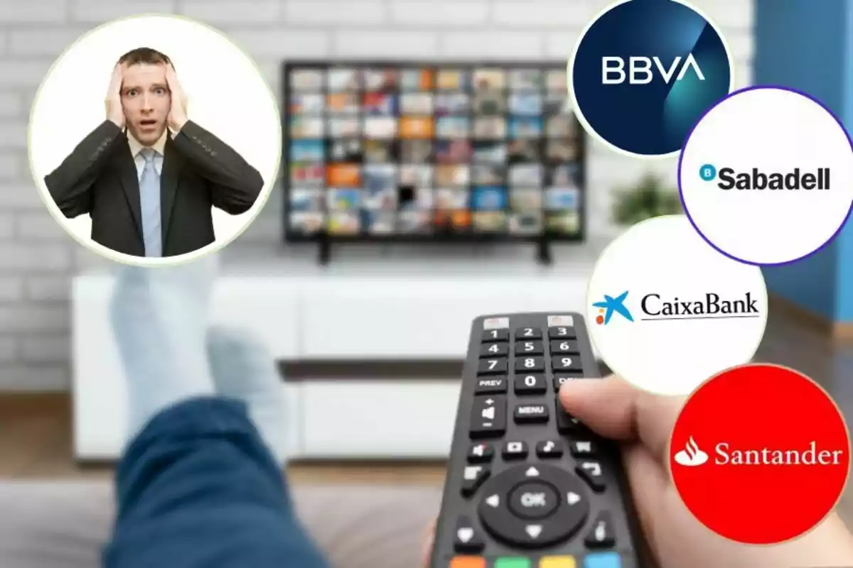 Una persona con expresión de sorpresa rodeada de logotipos de bancos mientras sostiene un control remoto frente a un televisor.