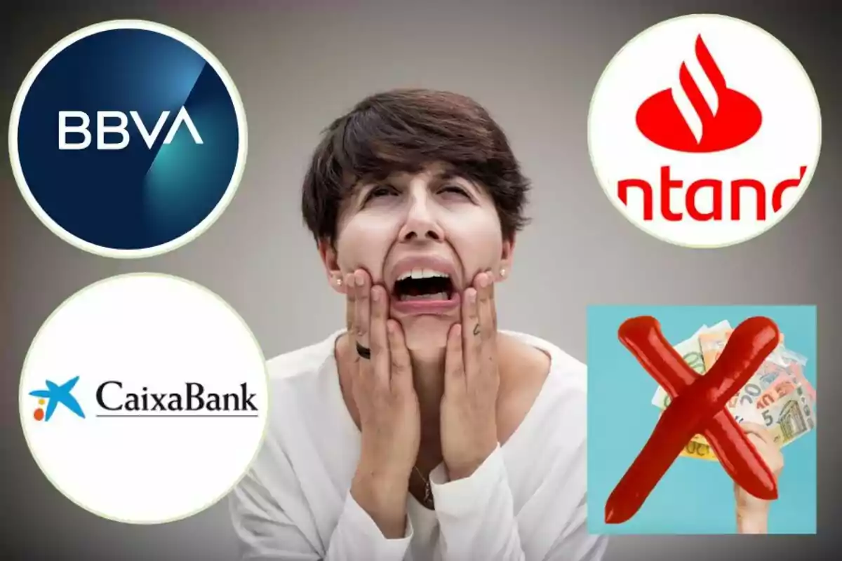 Una persona con expresión de angustia rodeada de los logotipos de BBVA, Santander y CaixaBank, junto a una imagen de dinero tachado con una X roja.