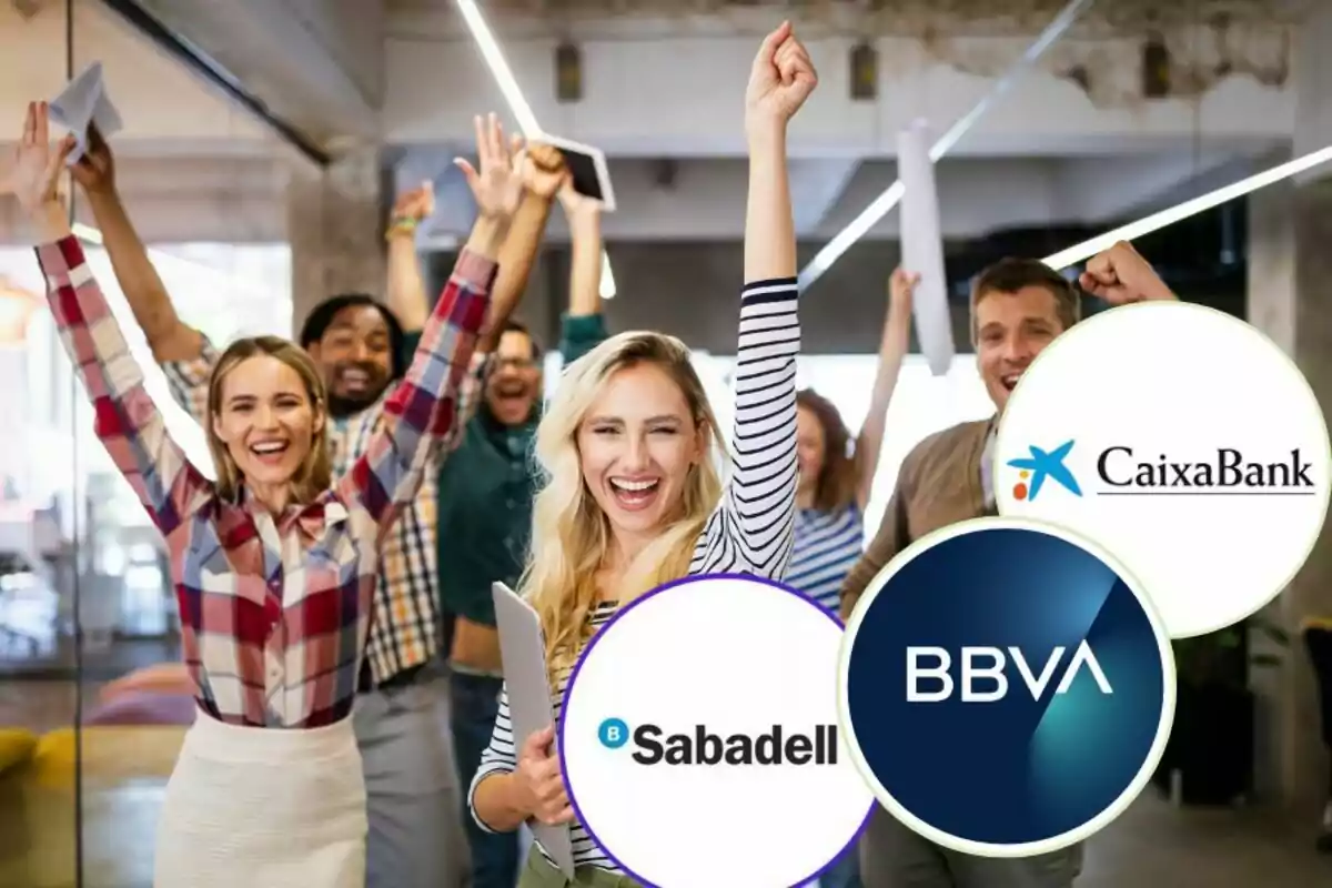 Un grupo de personas celebrando con los logotipos de Sabadell, BBVA y CaixaBank superpuestos en la imagen.