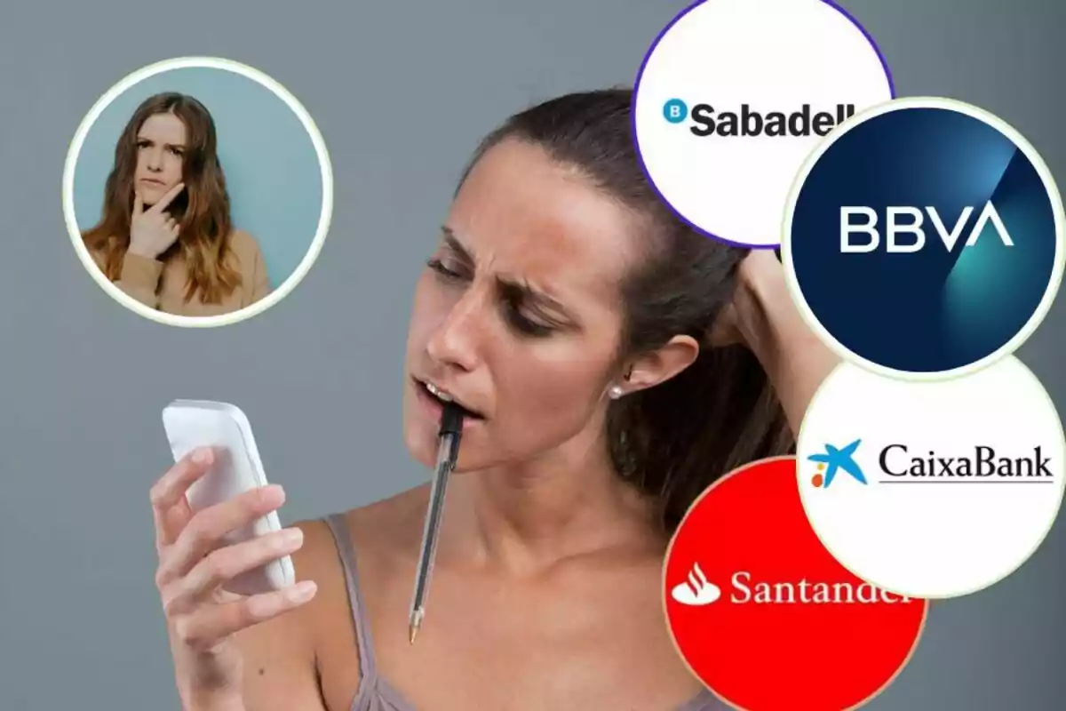 Una mujer sostiene un teléfono móvil mientras muerde un bolígrafo, rodeada de logotipos de bancos como Sabadell, BBVA, CaixaBank y Santander, y una imagen de otra mujer pensativa.