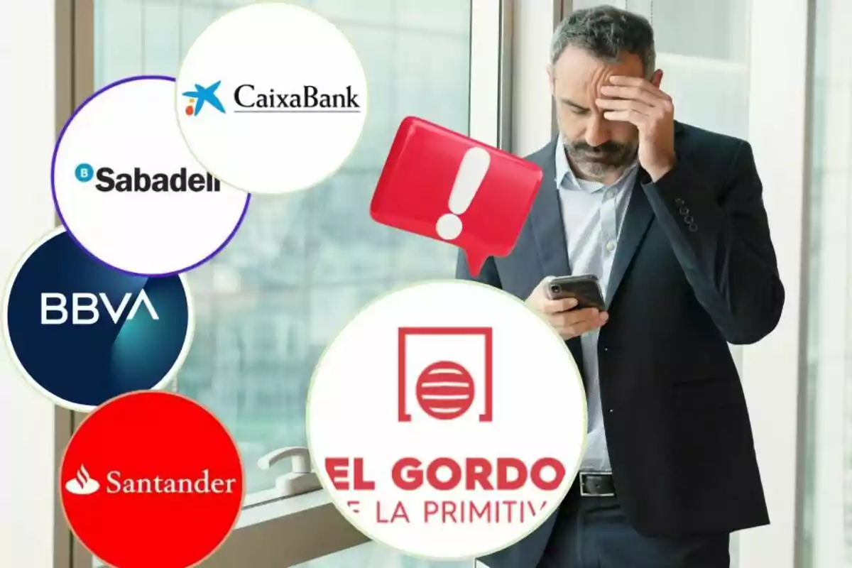 Un hombre preocupado mira su teléfono rodeado de logotipos de bancos y un símbolo de advertencia.