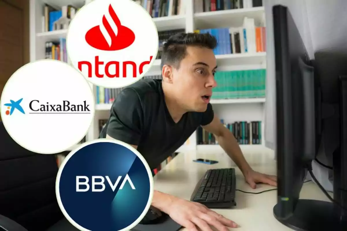 Un hombre sorprendido frente a una computadora con los logotipos de Santander, CaixaBank y BBVA superpuestos.