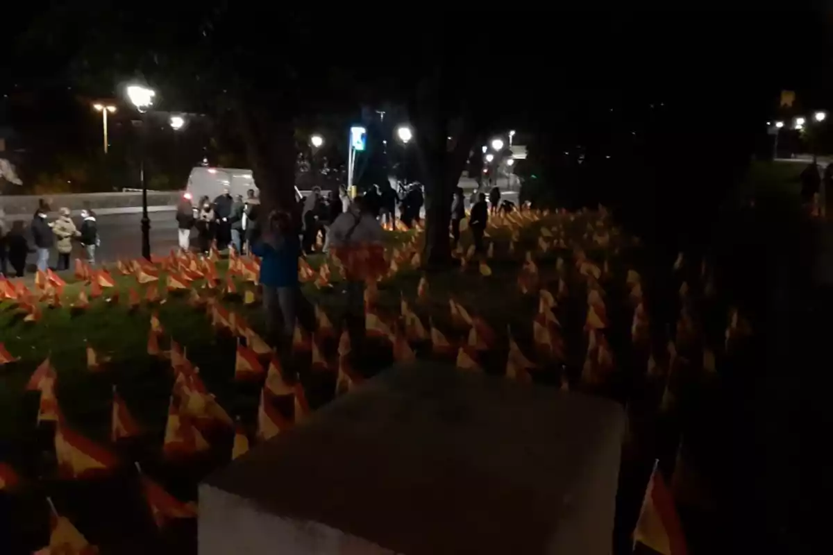 Personas reunidas en un parque por la noche rodeadas de muchas banderas de España.