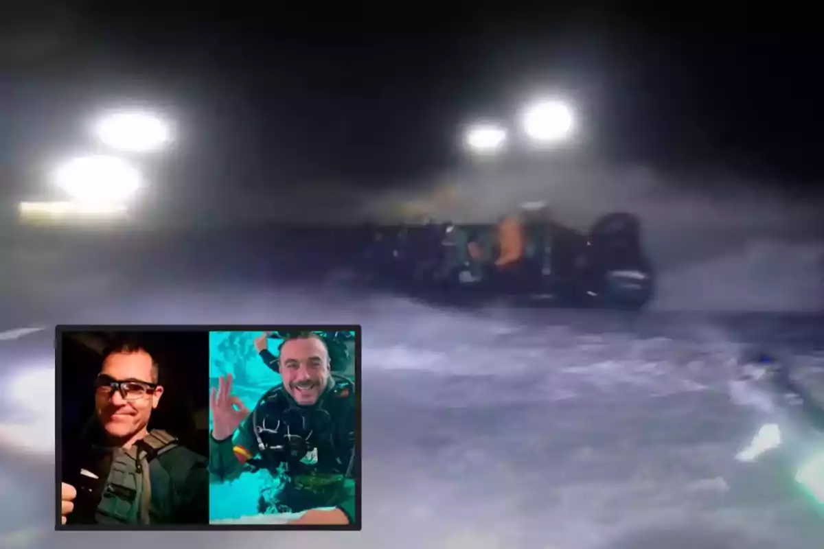 Una imagen nocturna muestra un vehículo volcado en una carretera con luces brillantes en el fondo y un recuadro en la esquina inferior izquierda con dos fotos de un hombre, una en un entorno oscuro y otra bajo el agua. Una imagen nocturna muestra un vehículo volcado en una carretera con luces brillantes en el fondo y un recuadro en la esquina inferior izquierda con dos fotos de un hombre, una en un entorno oscuro y otra bajo el agua.