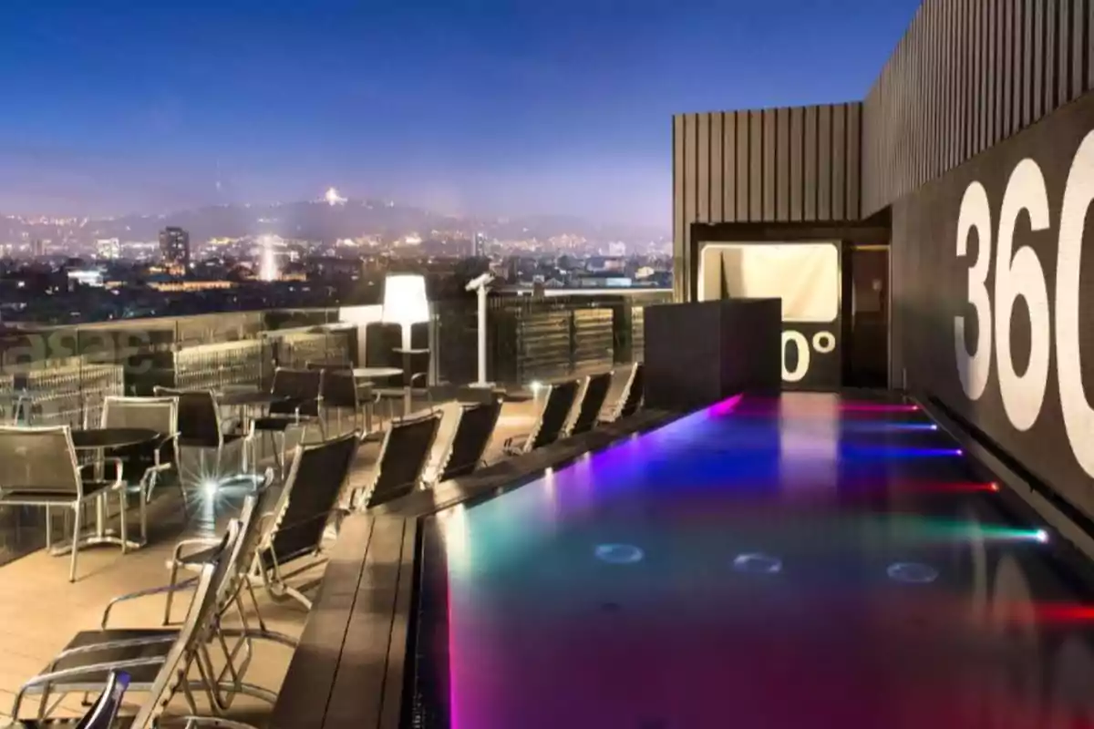 Terraza con piscina iluminada y vista panorámica de la ciudad al anochecer. Terraza con piscina iluminada y vista panorámica de la ciudad al anochecer.