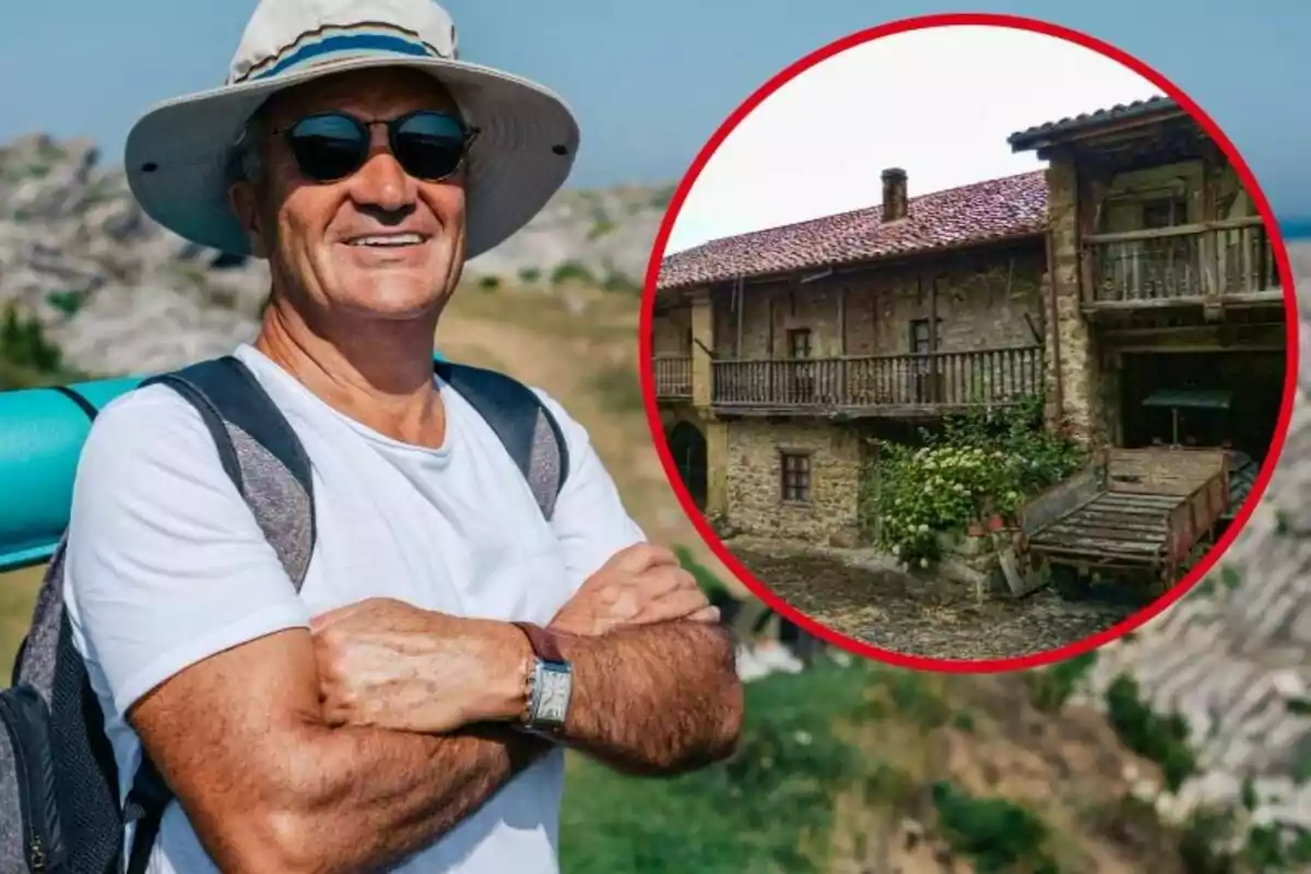 Hombre con sombrero y gafas de sol sonriendo al aire libre con una imagen circular de una casa rústica en el fondo.