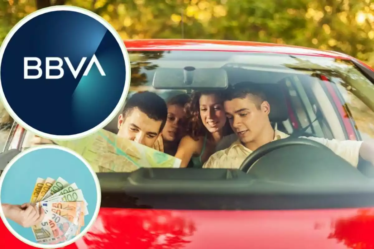 Un grupo de jóvenes en un coche mirando un mapa, con el logo de BBVA y una imagen de billetes de euro superpuestos.