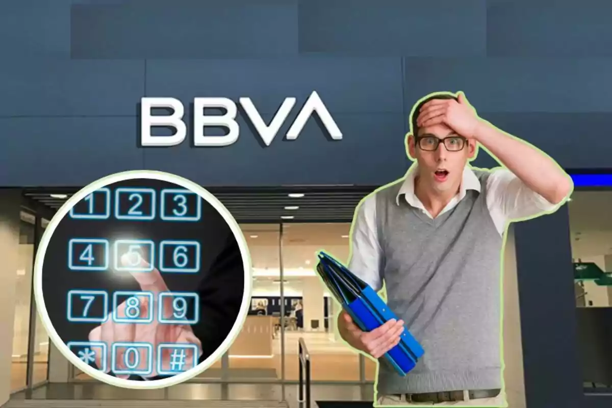 Un hombre sorprendido con gafas y carpetas en la mano frente a una sucursal de BBVA, con un teclado numérico digital en primer plano.