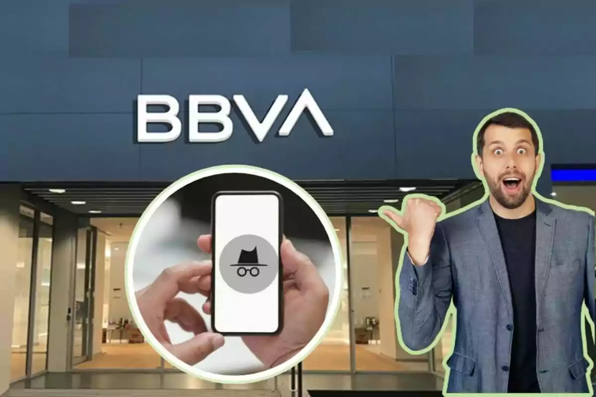 Un hombre sorprendido señala un teléfono con un icono de incógnito frente a una sucursal de BBVA.