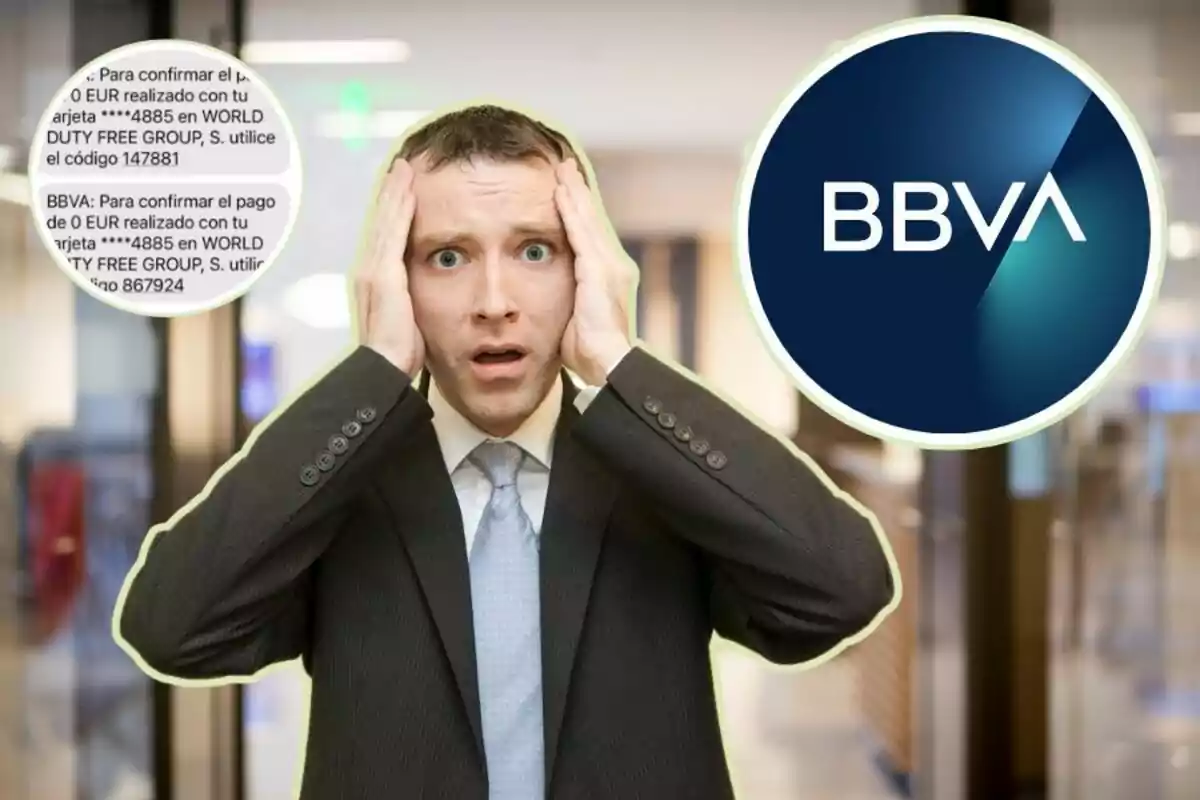 Un hombre con traje y corbata se agarra la cabeza con expresión de sorpresa o preocupación, junto a un logo de BBVA y un mensaje de texto que parece ser una alerta de seguridad bancaria.