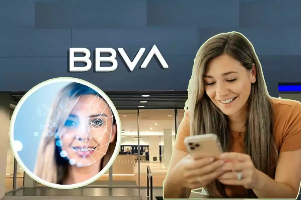 Mujer sonriendo mientras usa un teléfono móvil frente a una sucursal de BBVA con un gráfico de reconocimiento facial superpuesto.