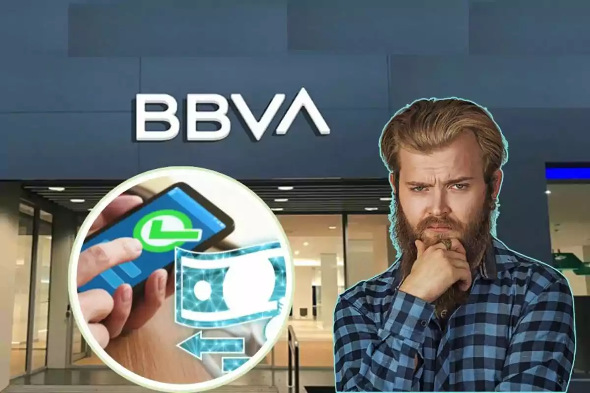 Un hombre pensativo con barba y camisa a cuadros frente a una sucursal de BBVA, con un gráfico de una mano usando un teléfono móvil y un ícono de transferencia de dinero.