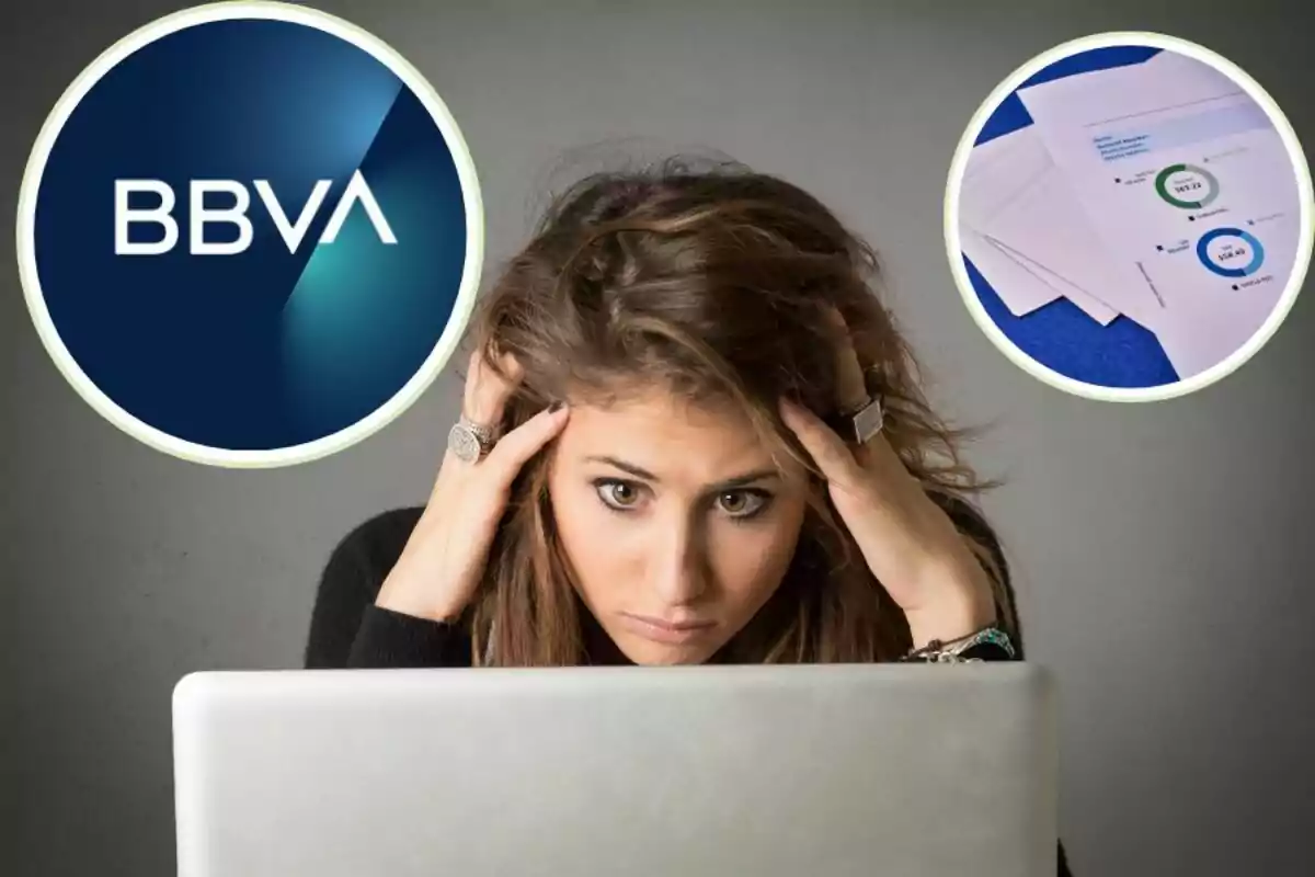 Mujer preocupada frente a una computadora con el logo de BBVA y documentos financieros.