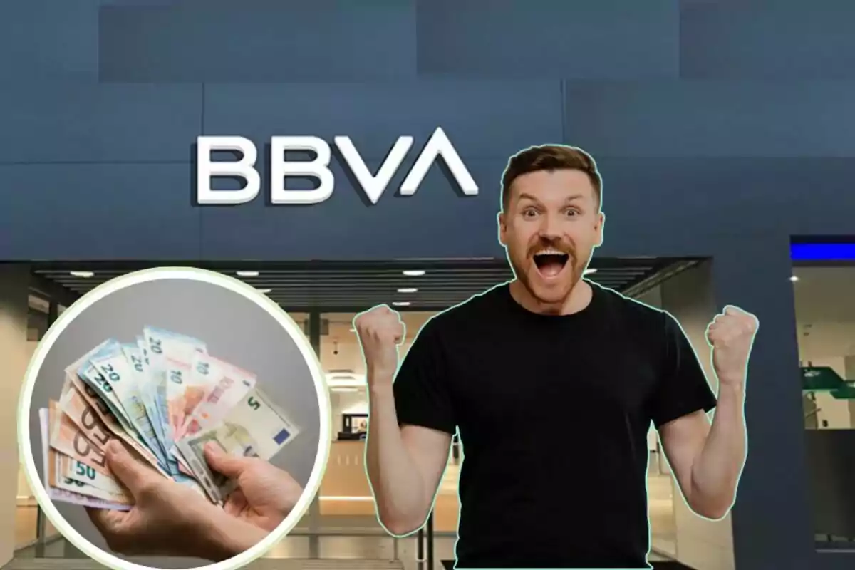 Un hombre emocionado frente a una sucursal de BBVA con una imagen de billetes en la esquina inferior izquierda.