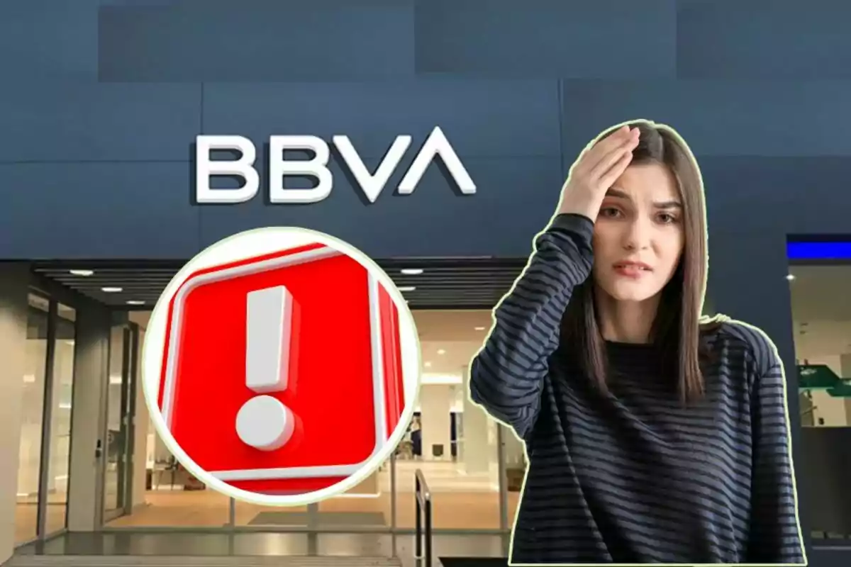 Una mujer con expresión preocupada frente a una sucursal de BBVA y un símbolo de advertencia rojo.