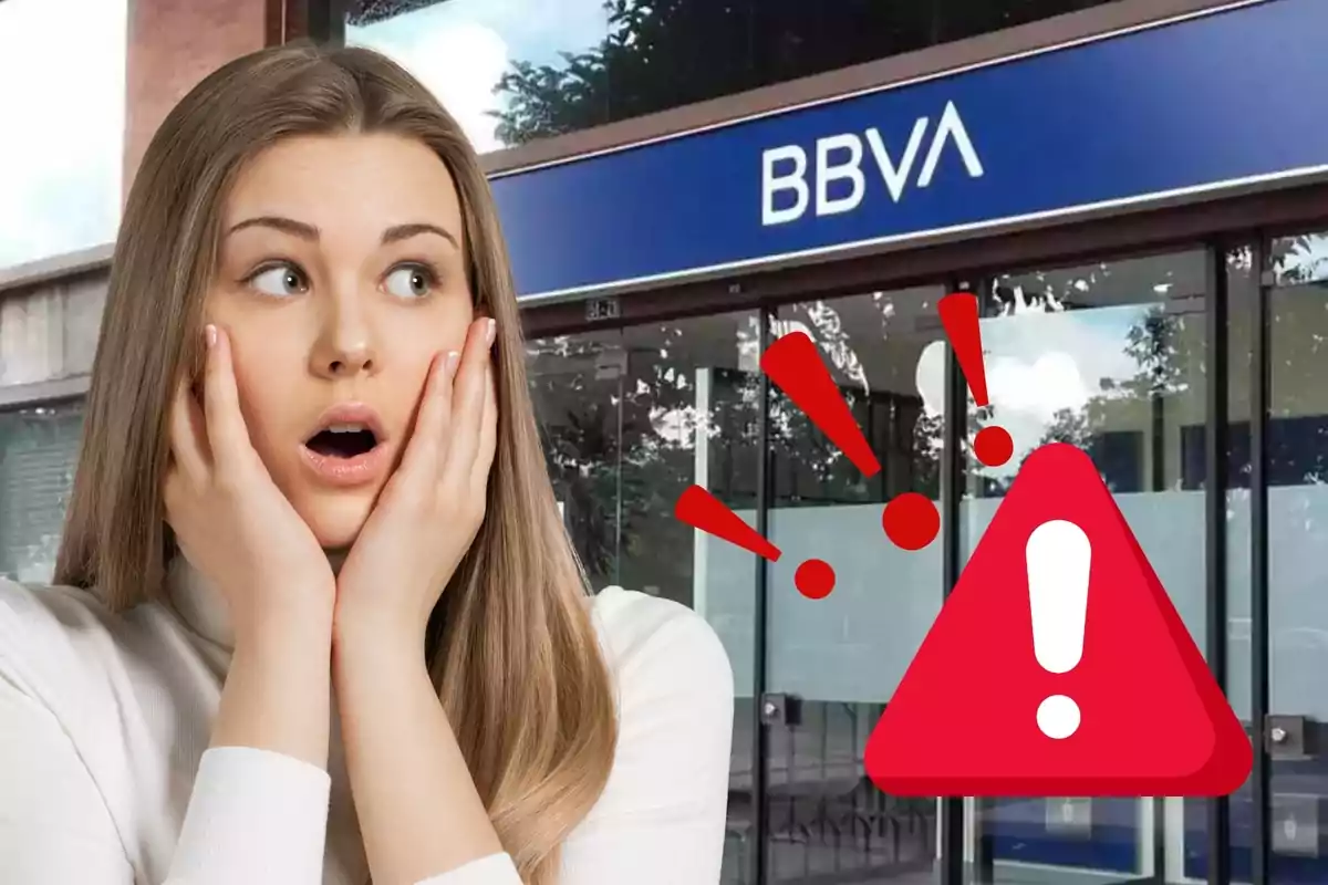 Mujer sorprendida frente a una sucursal de BBVA con un icono de advertencia.