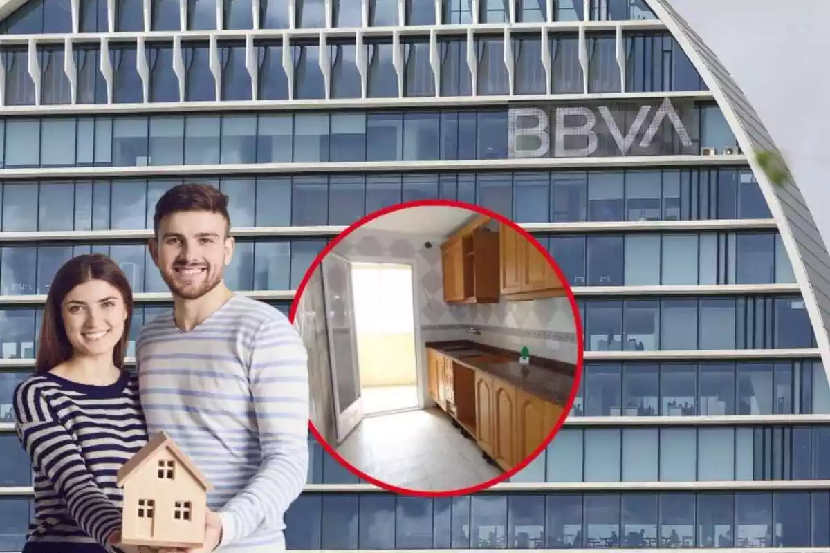 Imagen de fondo de unas oficinas del BBVA, junto a dos imágenes, una de la cocina de una casa en venta y otra de una pareja sosteniendo una maqueta de una casa en miniatura