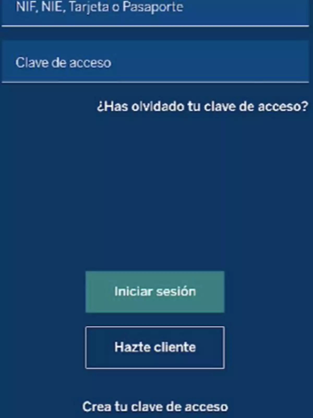 Pantalla de inicio de sesión con campos para NIF, NIE, Tarjeta o Pasaporte y Clave de acceso, con opciones para iniciar sesión, hacerse cliente y crear una clave de acceso.