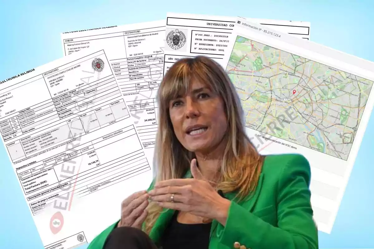 Una mujer con chaqueta verde aparece en primer plano, mientras que en el fondo se ven varios documentos y un mapa.