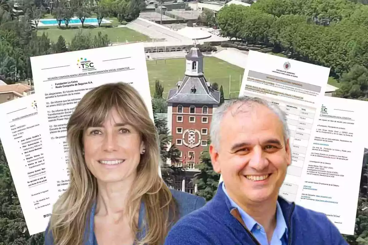 Dos personas sonrientes frente a un edificio con documentos en el fondo.